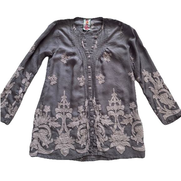 Johnny Was Tops - Johnny Was Embroidered Floral Pleated Button Down Tunic Top Womens XS